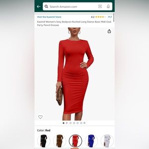 Amazon Women's Bodycon Ruched Long Sleeve Basic Midi Club Party Pencil Dress